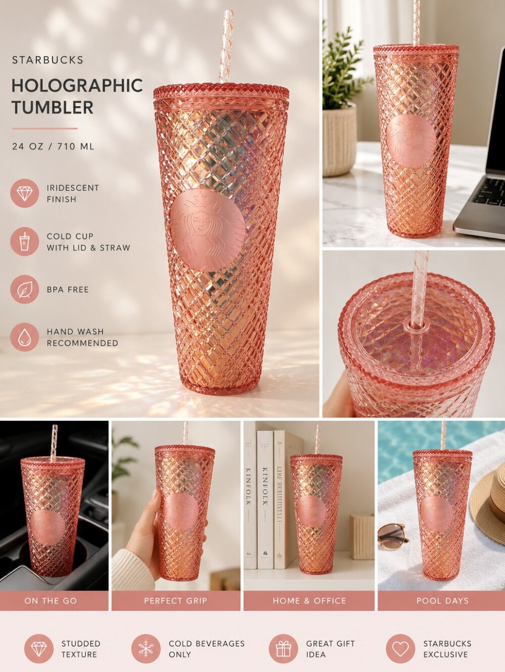 Starbucks 2021 Holiday Rose Gold Studded Jeweled Tumbler Venti 24oz